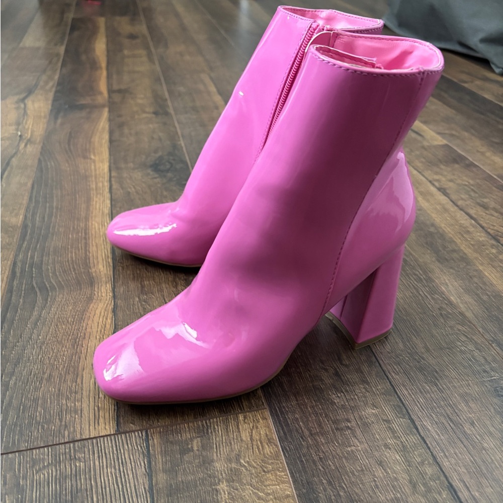 BAMBOO Pink Heeled Boots with Chunky Block Heel